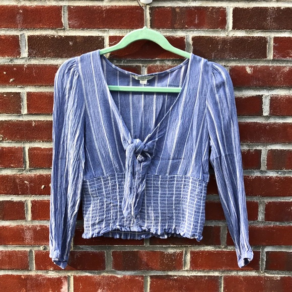 American Eagle Outfitters Tops - AE Blue & White Striped smocked Tie Front top